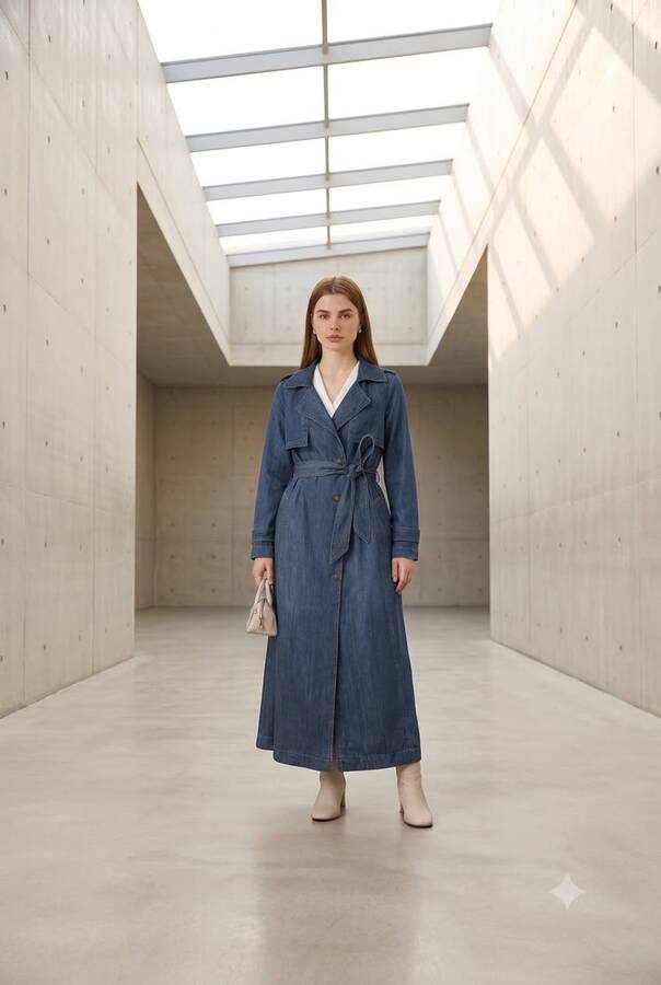 6458-Uzun Denim Trençkot Koyu Mavi