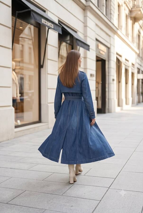 6458-Uzun Denim Trençkot Koyu Mavi