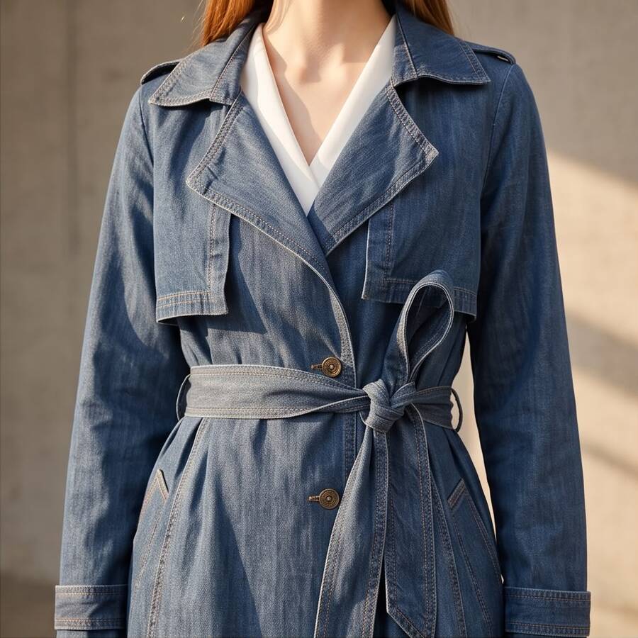 6458-Uzun Denim Trençkot Koyu Mavi