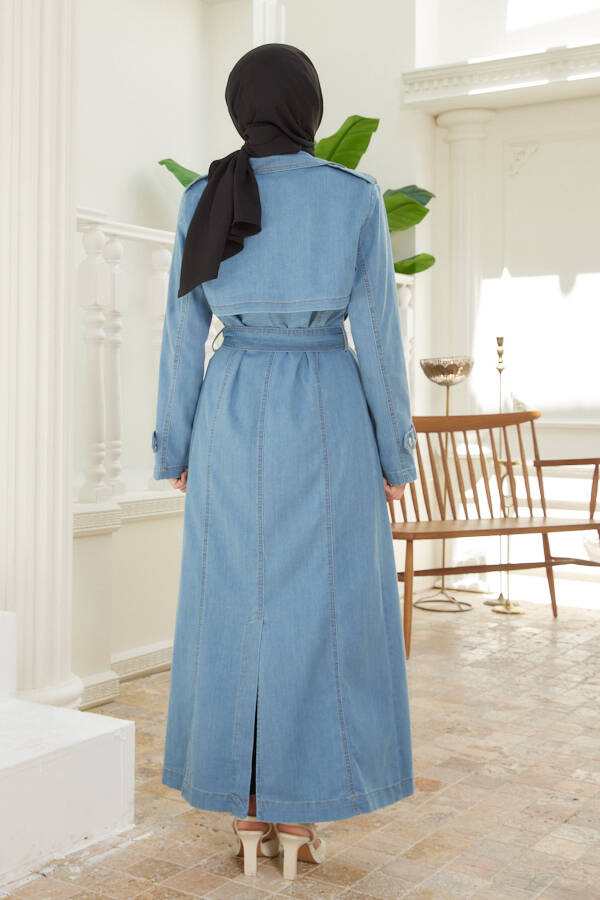 6458-Uzun Denim Trençkot Mavi