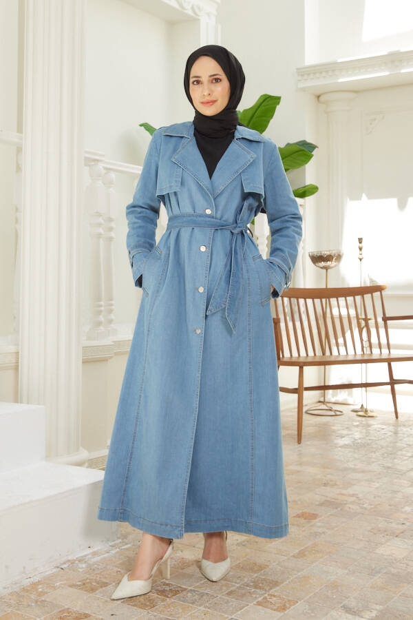 6458-Uzun Denim Trençkot Mavi