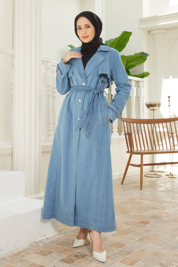 6458-Uzun Denim Trençkot Mavi