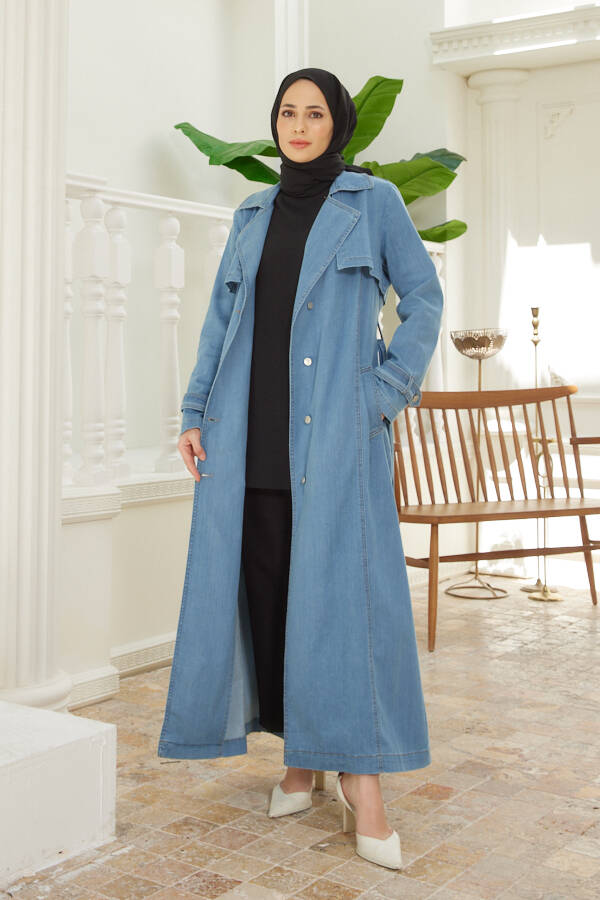 6458-Uzun Denim Trençkot Mavi