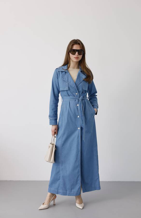 6458-Uzun Denim Trençkot Mavi