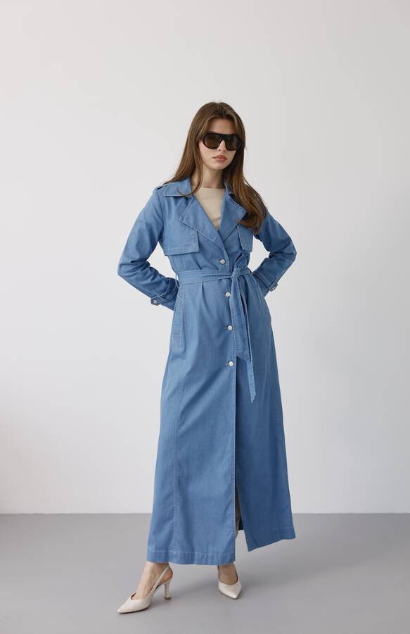 6458-Uzun Denim Trençkot Mavi