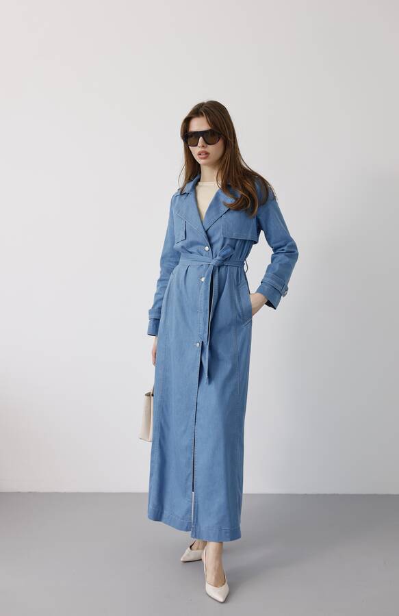 6458-Uzun Denim Trençkot Mavi