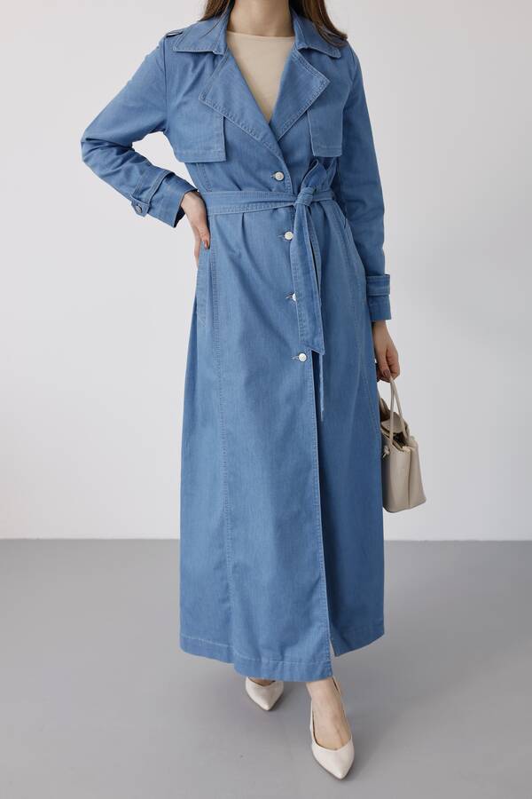 6458-Uzun Denim Trençkot Mavi
