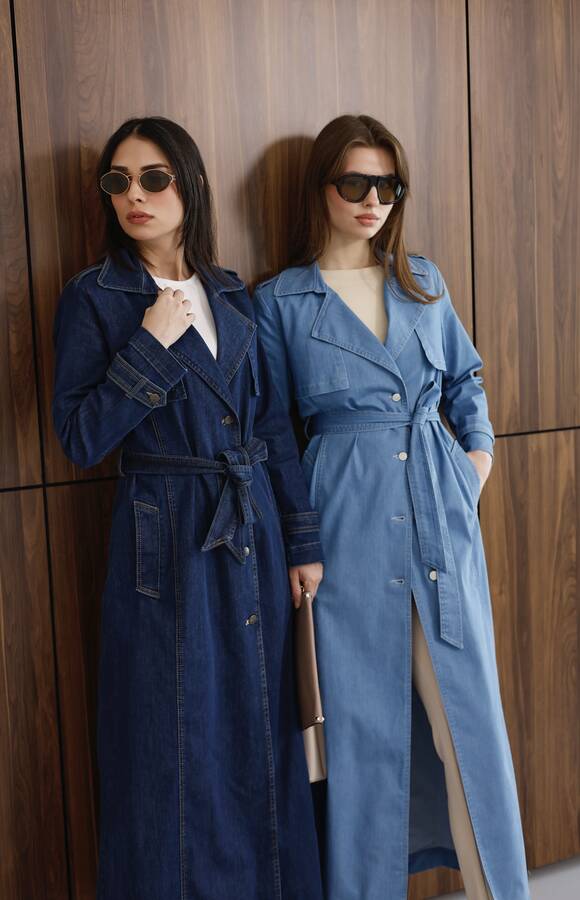 6458-Uzun Denim Trençkot Mavi