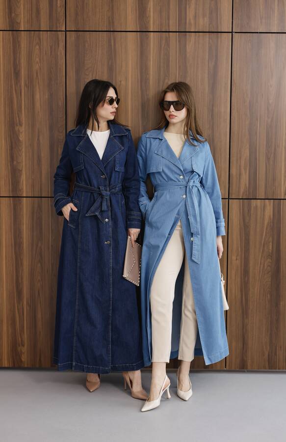 6458-Uzun Denim Trençkot Mavi