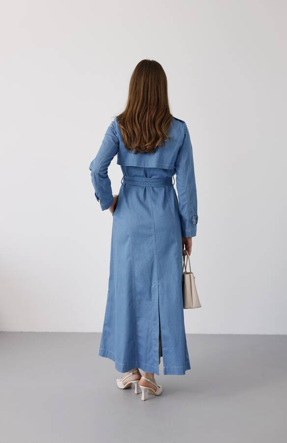 6458-Uzun Denim Trençkot Mavi