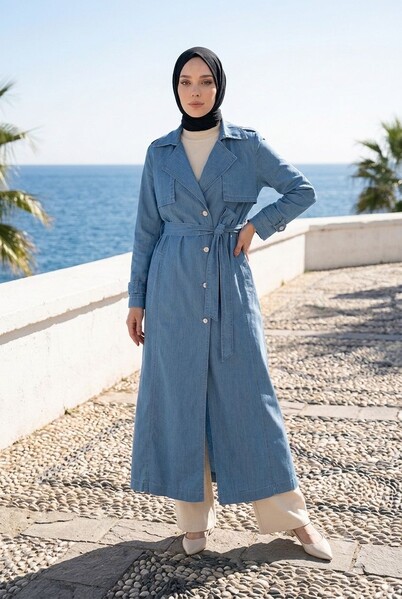 Neways - 6458-Uzun Denim Trençkot Mavi
