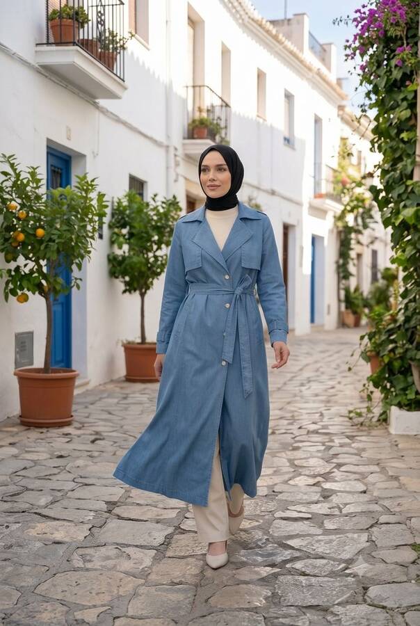 6458-Uzun Denim Trençkot Mavi