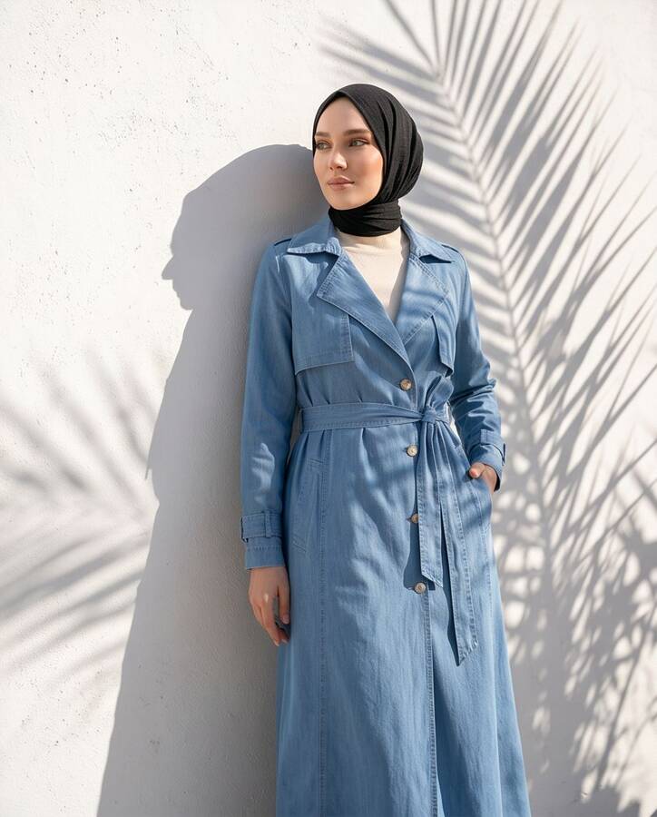 6458-Uzun Denim Trençkot Mavi