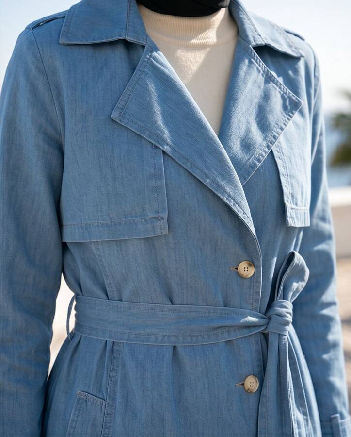 6458-Uzun Denim Trençkot Mavi
