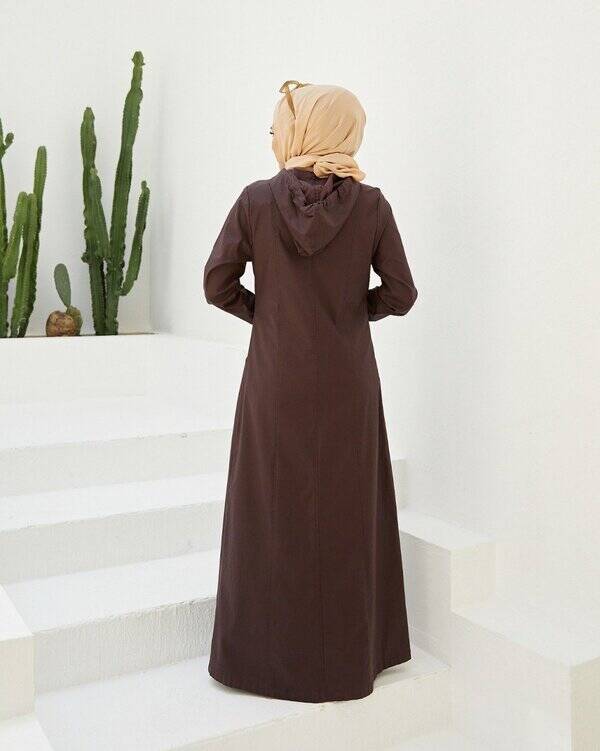 6463-Denim Kapşonlu Ferace Bordo