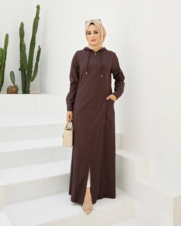 6463-Denim Kapşonlu Ferace Bordo