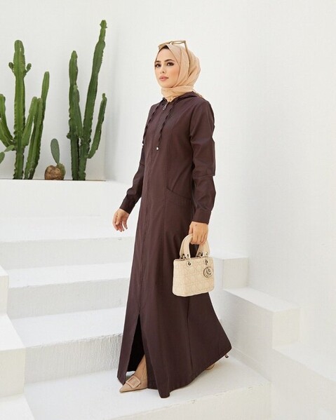 Neways - 6463-Denim Kapşonlu Ferace Bordo