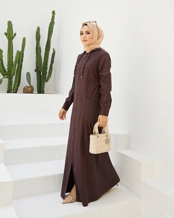 6463-Denim Kapşonlu Ferace Bordo