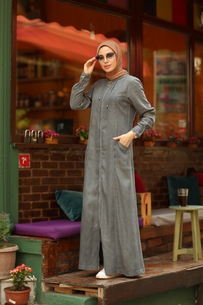 Neways - 6463-Denim Kapşonlu Ferace Gri