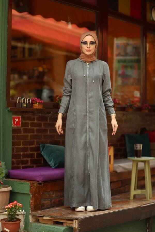 6463-Denim Kapşonlu Ferace Gri