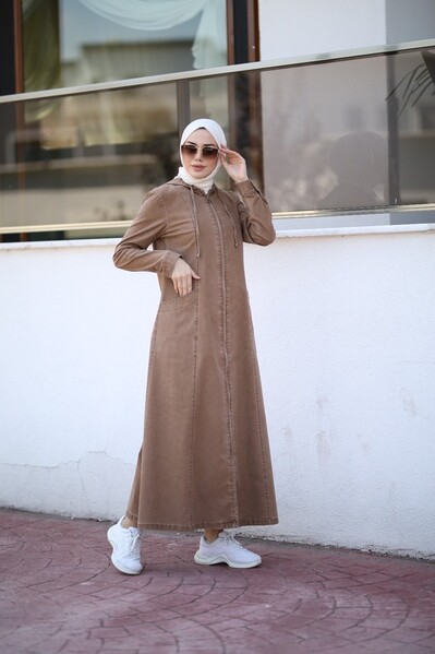 Neways - 6463-Denim Kapşonlu Ferace Kahve