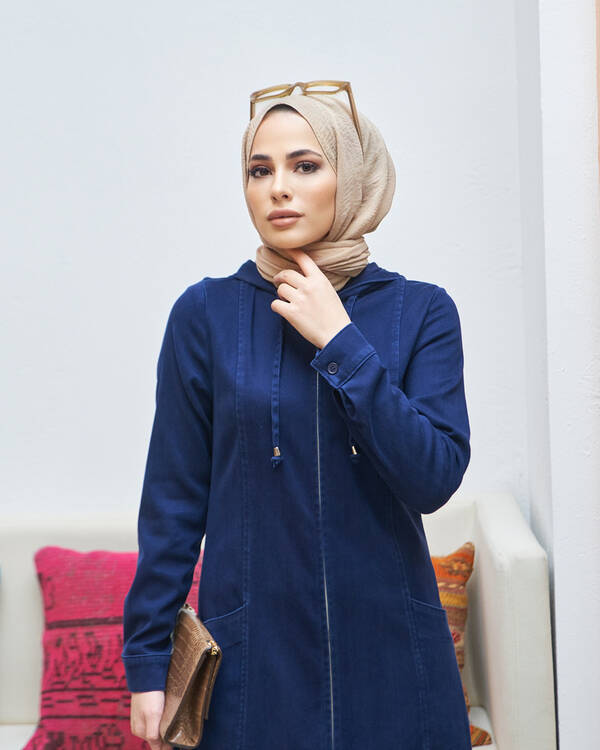 6463-Denim Kapşonlu Ferace Koyu Lacivert