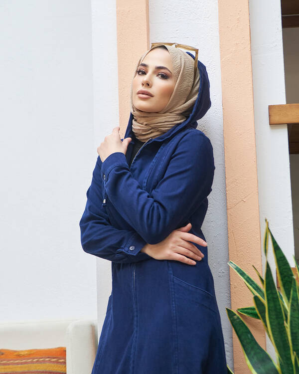 6463-Denim Kapşonlu Ferace Koyu Lacivert