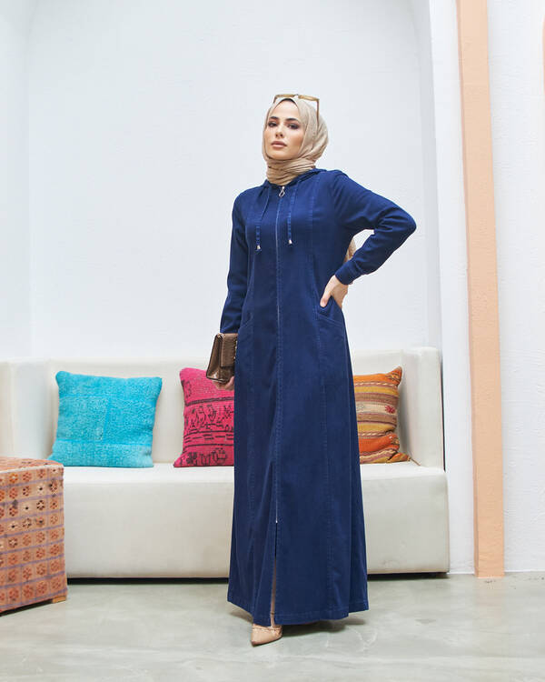 6463-Denim Kapşonlu Ferace Koyu Lacivert