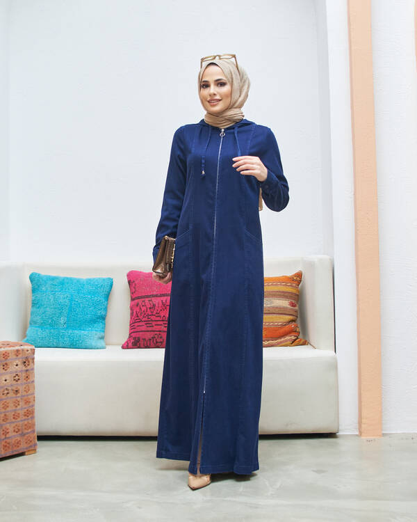 6463-Denim Kapşonlu Ferace Koyu Lacivert