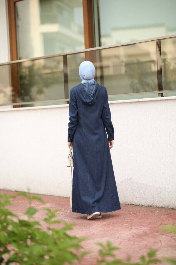 6463-Denim Kapşonlu Ferace Koyu Lacivert