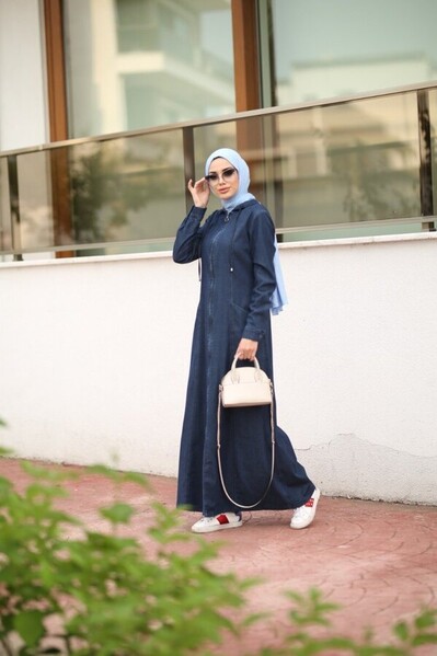 Neways - 6463-Denim Kapşonlu Ferace Koyu Lacivert