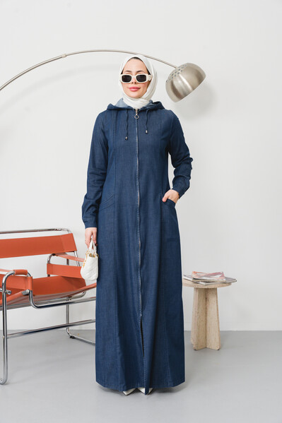 Neways - 6463-Denim Kapşonlu Ferace Koyu Mavi