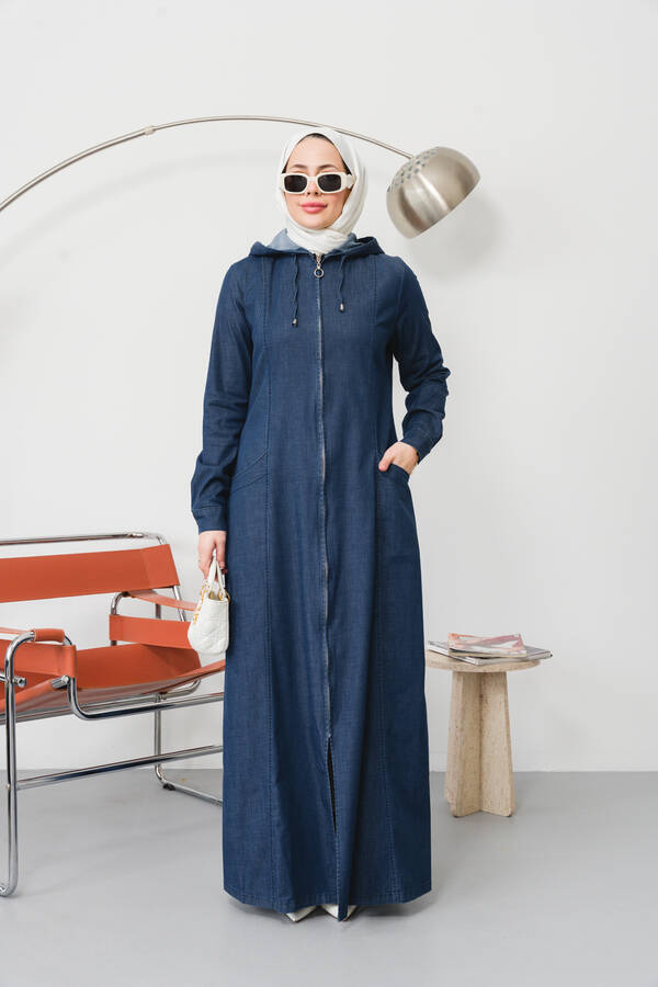 6463-Denim Kapşonlu Ferace Koyu Mavi