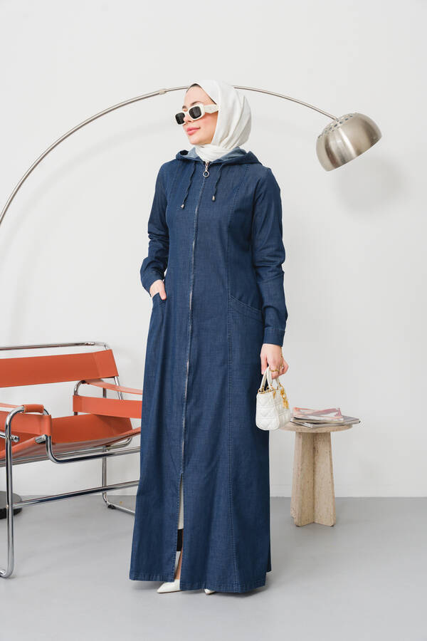 6463-Denim Kapşonlu Ferace Koyu Mavi