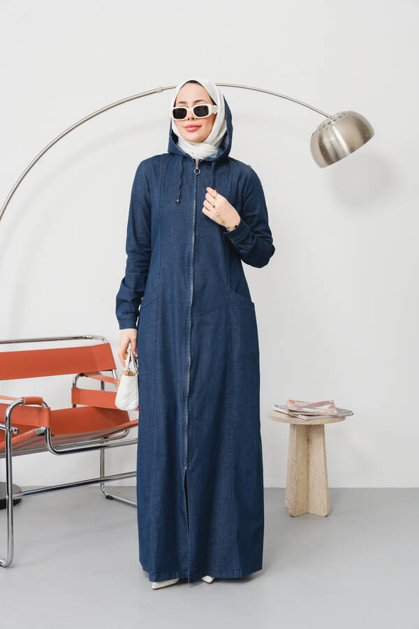 6463-Denim Kapşonlu Ferace Koyu Mavi
