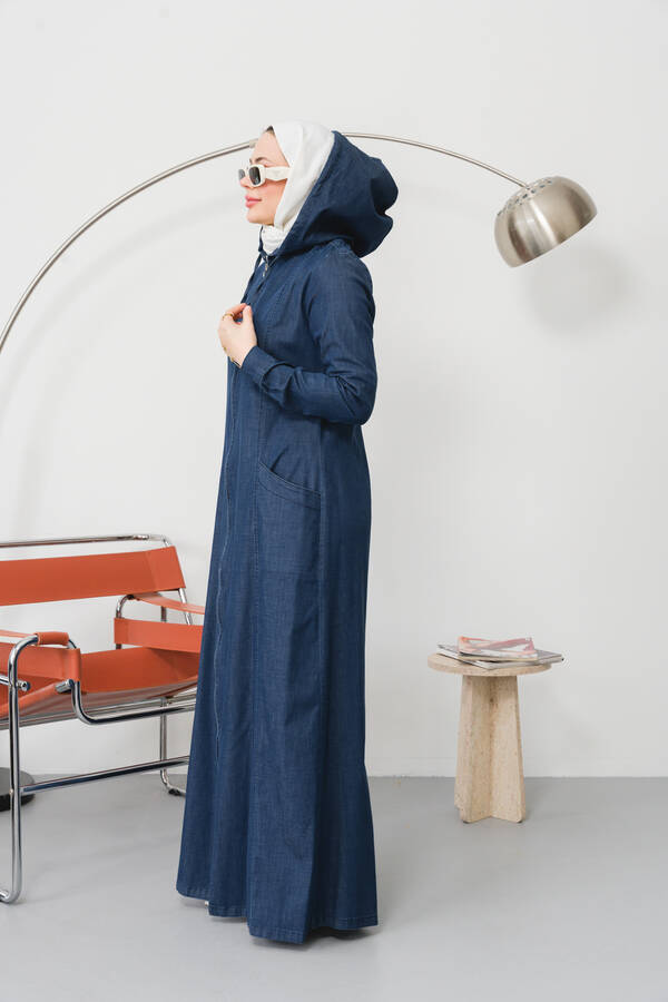 6463-Denim Kapşonlu Ferace Koyu Mavi