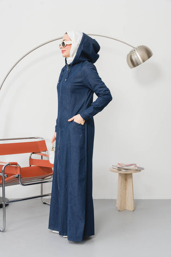6463-Denim Kapşonlu Ferace Koyu Mavi