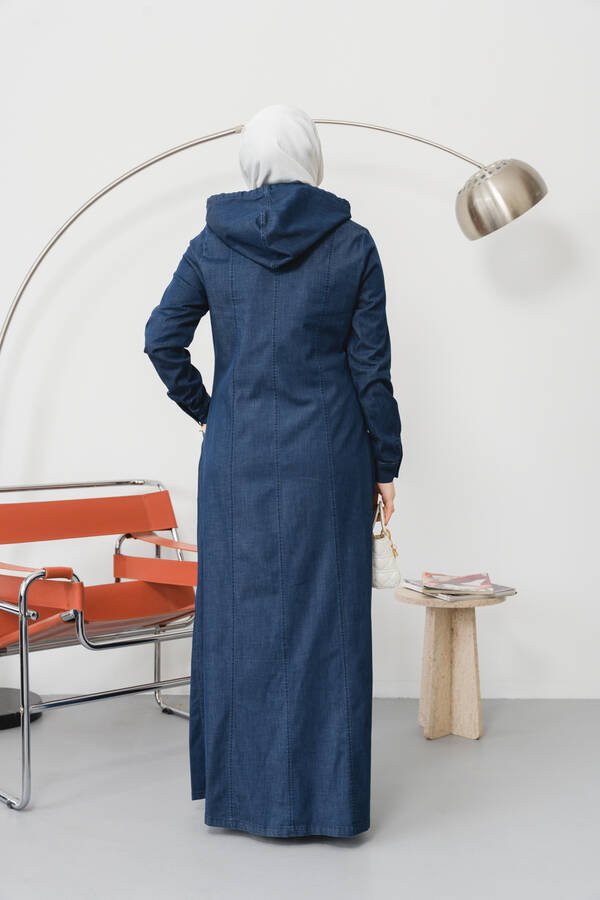 6463-Denim Kapşonlu Ferace Koyu Mavi
