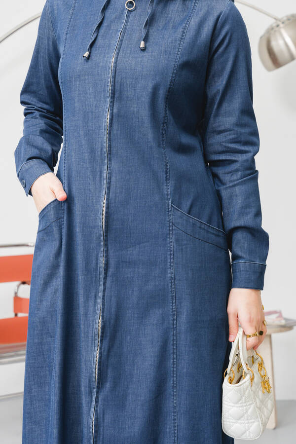 6463-Denim Kapşonlu Ferace Koyu Mavi