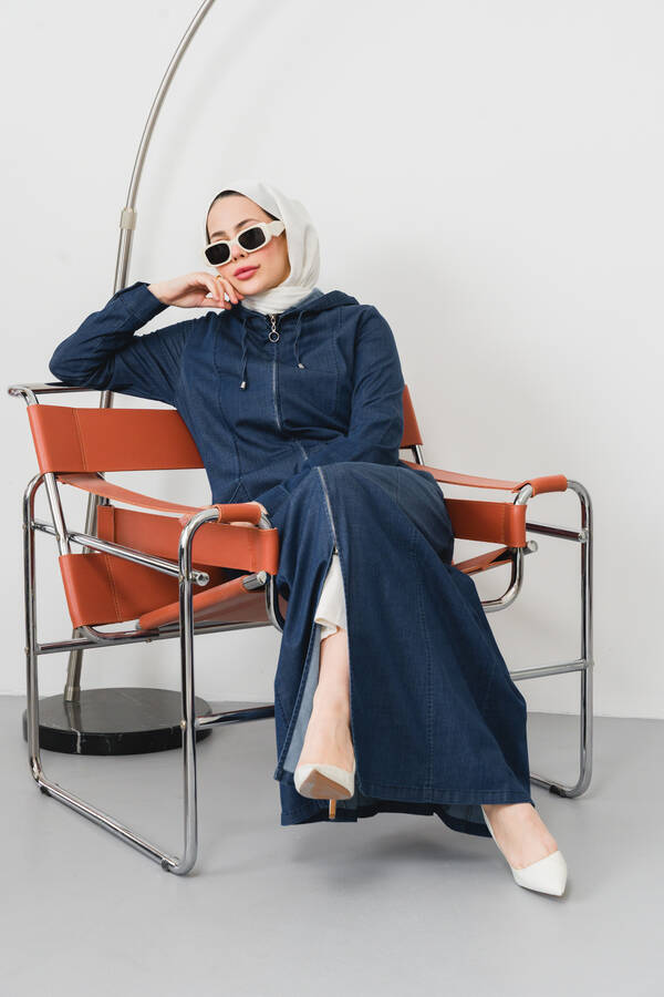 6463-Denim Kapşonlu Ferace Koyu Mavi
