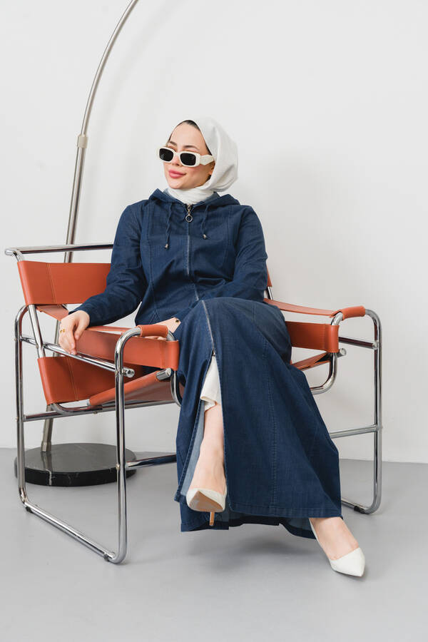 6463-Denim Kapşonlu Ferace Koyu Mavi