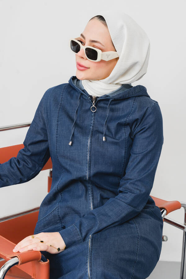 6463-Denim Kapşonlu Ferace Koyu Mavi