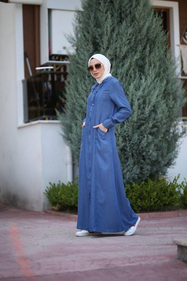 6463-Denim Kapşonlu Ferace Koyu Mavi
