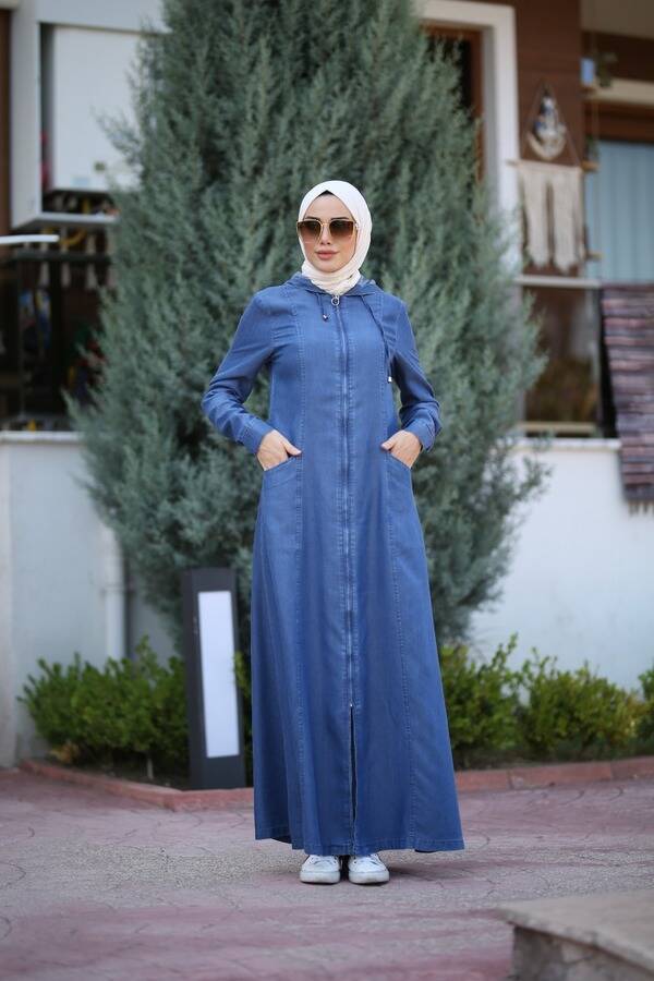 6463-Denim Kapşonlu Ferace Koyu Mavi