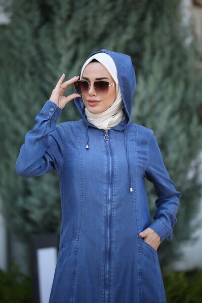 Neways - 6463-Denim Kapşonlu Ferace Koyu Mavi