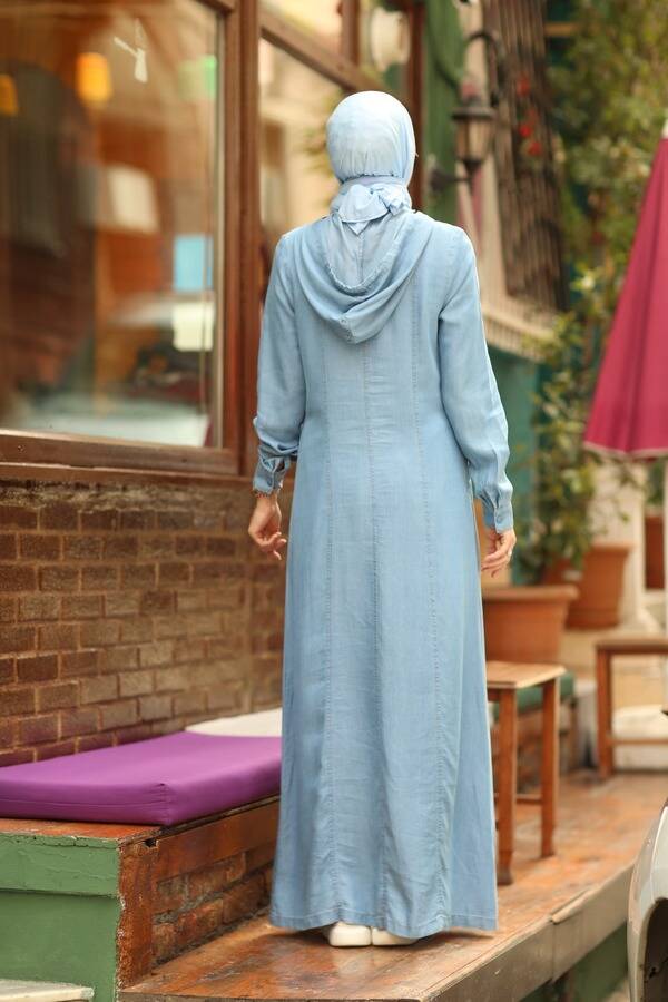 6463-Denim Kapşonlu Ferace Mavi