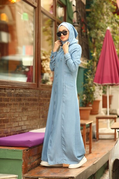 Neways - 6463-Denim Kapşonlu Ferace Mavi