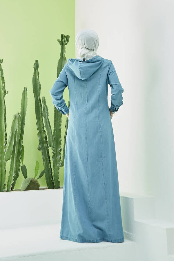 6463-Denim Kapşonlu Ferace Mavi