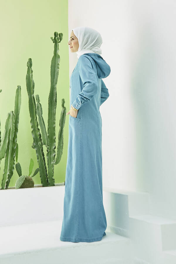 6463-Denim Kapşonlu Ferace Mavi
