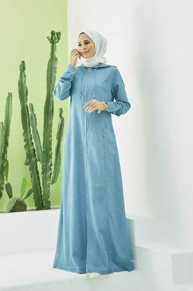 Neways - 6463-Denim Kapşonlu Ferace Mavi